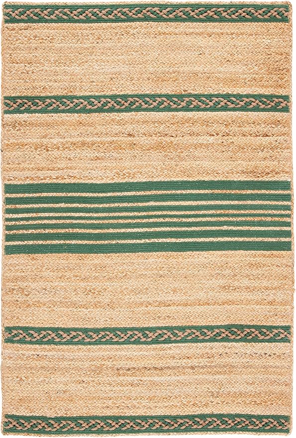 SAFAVIEH Natural Fiber Collection Accent Rug - 3' x 5', Natural & Green, Handmade Stripe Boho Farmhouse Rustic Braided Jute, Ideal for High Traffic Areas in Entryway, Living Room, Bedroom (NFB262Y)