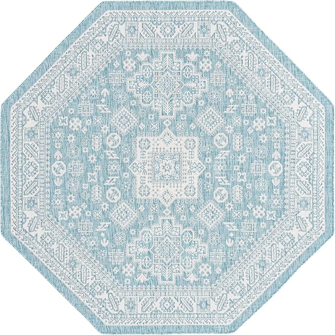 Rugs.com Outdoor Aztec Collection Rug – 8 Ft Octagon Aqua Flatweave Rug Perfect for Living Rooms, Kitchens, Entryways