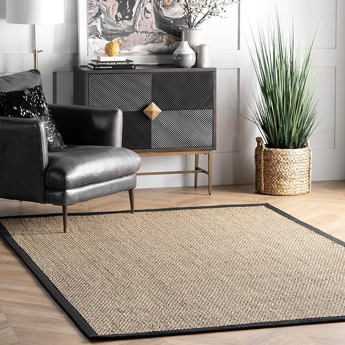 Nuloom Elijah Black/Natural, 6' x 9', Basketweave, Seagrass, Soft and Textured, High Traffic, Stain Resistant, Easy Clean, Durable Area Rug for Bedroom, Living Room, Dining, Den, Foyer, Entryway