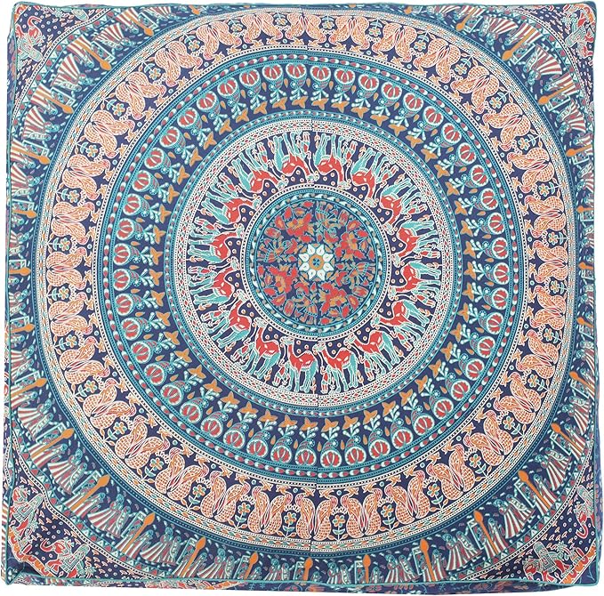 Popular Handicrafts Floor Pillow Cushion Cover - Hippie Mandala Square Ottoman Indian Elephant Camel Daybed Oversized Cotton Cushion Cover with Heavy Duty Zipper - Dog-Pets Bed, 35" Blue Multicolor