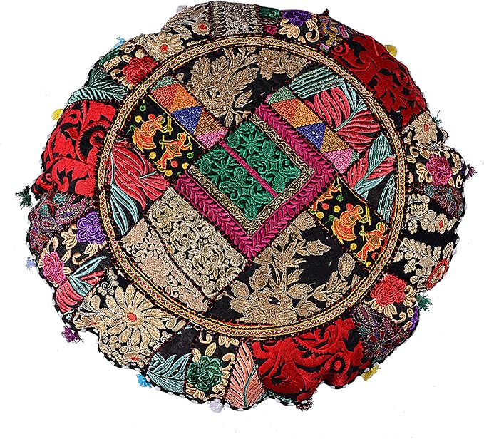 Rajasthani Handmade Colorful Decorative Floor Pillow Cover Meditation Patchwork Patchwork Cushion Seating Accent Boho Chic Indian Handmade Cover ONLY (Black Patchwork, 32x32 Inches)