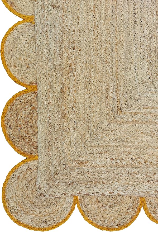 Scalloped Natural Jute Area Rug, Yellow Trim, 8'x10'
