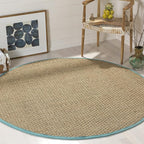Safavieh Area Rug 4' Round - Natural Fiber Collection - Natural & Teal, Seagrass, Basketweave Pattern with Border (NF114R)