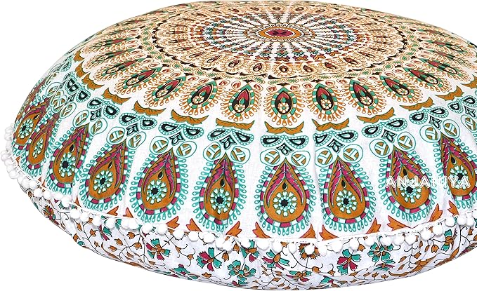 32" Peacock Mandala Bohemian Yoga Meditation Floor Pillow Cover Comfortable Home Car Bed Sofa Cushion Couch Seating Large Zipped Throw (32 inches, White Multi)