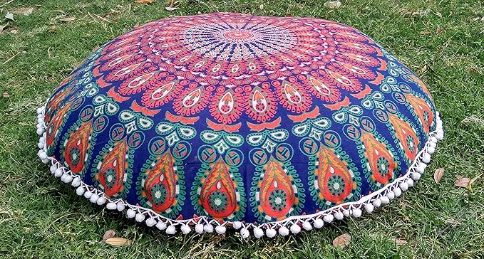 INDIAN CRAFT CASTLE ICC 32 Inch Floor Pillows & Cushion Covers Decorative Hippie Mandala Pouf Pillow Covers Seating Meditation Cushion Cover Bohemian Large Boho Ottoman Case Pillowcase Couch Round