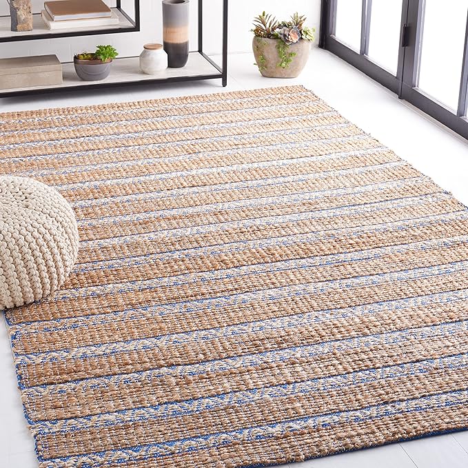 SAFAVIEH Natural Fiber Collection Area Rug - 10' x 14', Blue & Natural, Handmade Flat Weave Stripe Jute & Cotton Jute, Ideal for High Traffic Areas in Living Room, Bedroom (NFB655M)
