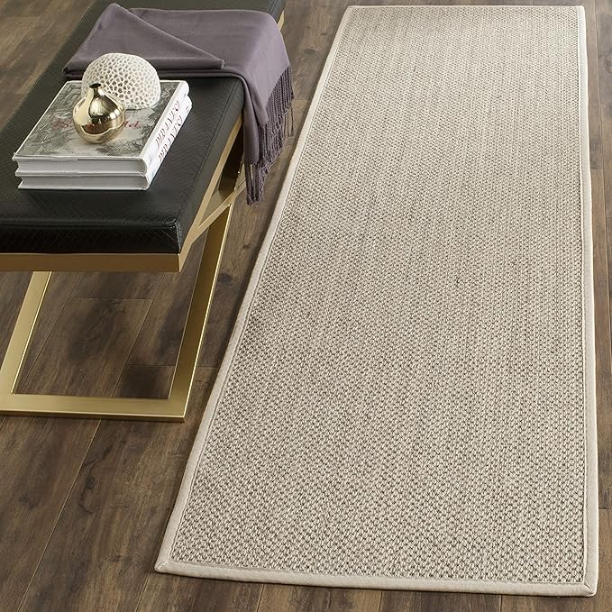SAFAVIEH Natural Fiber Collection Runner Rug - 2'6" x 14', Marble & Beige, Sisal, Woven Design with Border (NF143C)