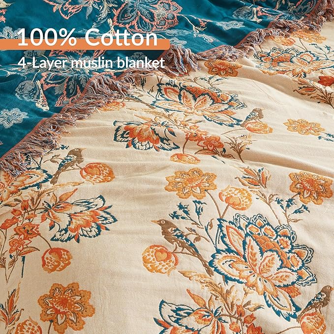 Boho Throw Blanket for Bed 60”x80”, 100% Cotton Woven Blanket for Couch Sofa, Ultra Soft 4-Layer Muslin Quilt with Floral Printed, Farmhouse Bed Blanket/Cover for Living Room Decor