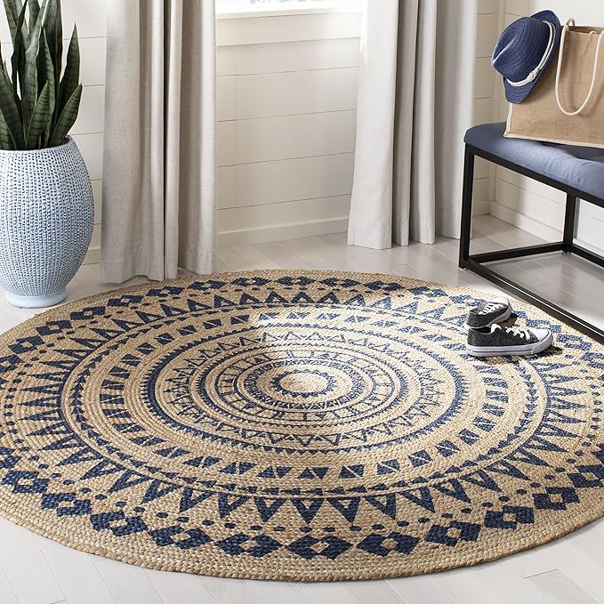 SAFAVIEH Natural Fiber Collection Area Rug - 6' Round, Royal Blue & Natural, Handmade Boho Mandala Braided Jute, Ideal for High Traffic Areas in Living Room, Bedroom (NF802D)