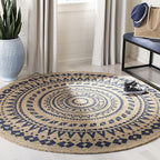 SAFAVIEH Natural Fiber Collection Area Rug - 6' Round, Royal Blue & Natural, Handmade Boho Mandala Braided Jute, Ideal for High Traffic Areas in Living Room, Bedroom (NF802D)