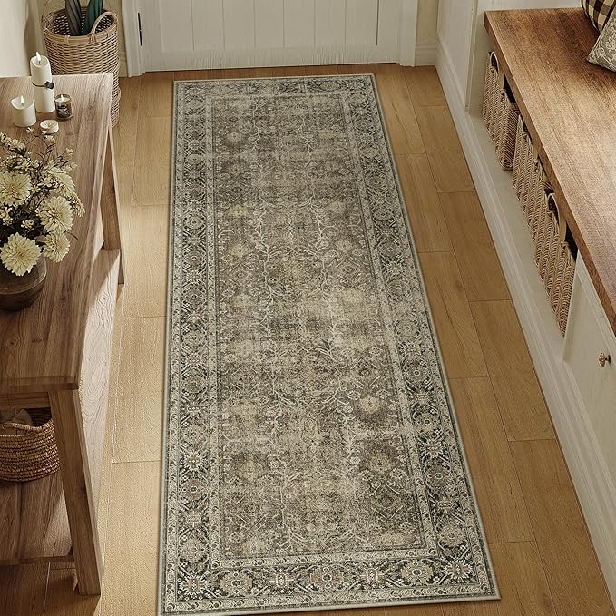 Light Brown 2x8 Vintage Area Rug Hallway Indoor Kitchen Washable Living Room Carpet Tribal Distressed Rug Retro Accent Throw Rug for Office Dining Room Bathroom Faux Wool