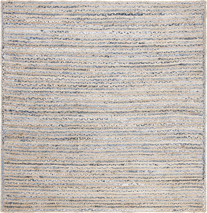SAFAVIEH Cape Cod Collection Area Rug - 7' Square, Natural & Blue, Handmade Flat Weave Jute, Ideal for High Traffic Areas in Living Room, Bedroom (CAP250A)