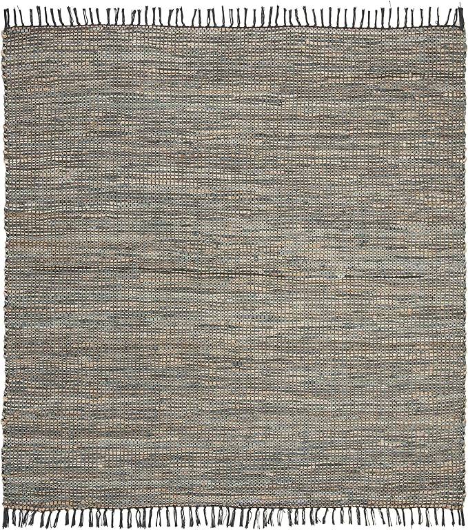 SAFAVIEH Vintage Leather Collection Area Rug - 6' Square, Grey, Handmade Boho Fringe Leather & Jute, Ideal for High Traffic Areas in Living Room, Bedroom (VTL203F)