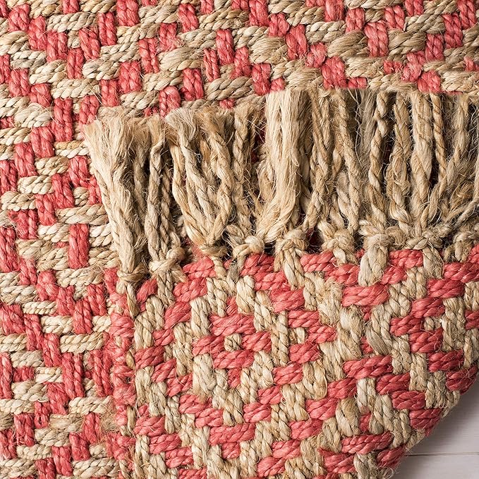 SAFAVIEH Natural Fiber Collection Area Rug - 6' Square, Fuchsia & Natural, Handmade Boho Diamond Tassel Jute, Ideal for High Traffic Areas in Living Room, Bedroom (NF266G)