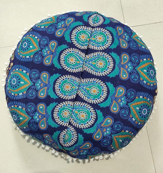 INDIAN CRAFT CASTLE 24" Blue Peacock Mandala Barmeri Large Floor Pillow Cover Cushion Meditation Seating Ottoman Throw Cover Hippie Decorative Zipped Bohemian Pouf Ottoman Pom Pom Cases 24" Round