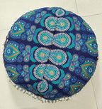 INDIAN CRAFT CASTLE 24" Blue Peacock Mandala Barmeri Large Floor Pillow Cover Cushion Meditation Seating Ottoman Throw Cover Hippie Decorative Zipped Bohemian Pouf Ottoman Pom Pom Cases 24" Round