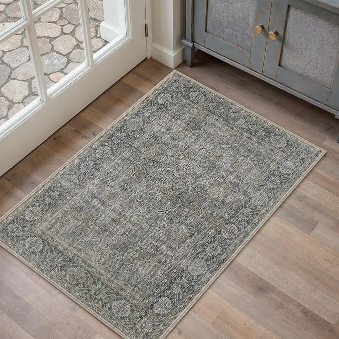 Grey Brown Entryway Rug 2x3 Vintage Area Carpet Indoor Kitchen Washable Door Mat Living Room Entrance Small Low Pile Traditional Distressed Retro Accent Throw Rug Non Slip Office Bathroom