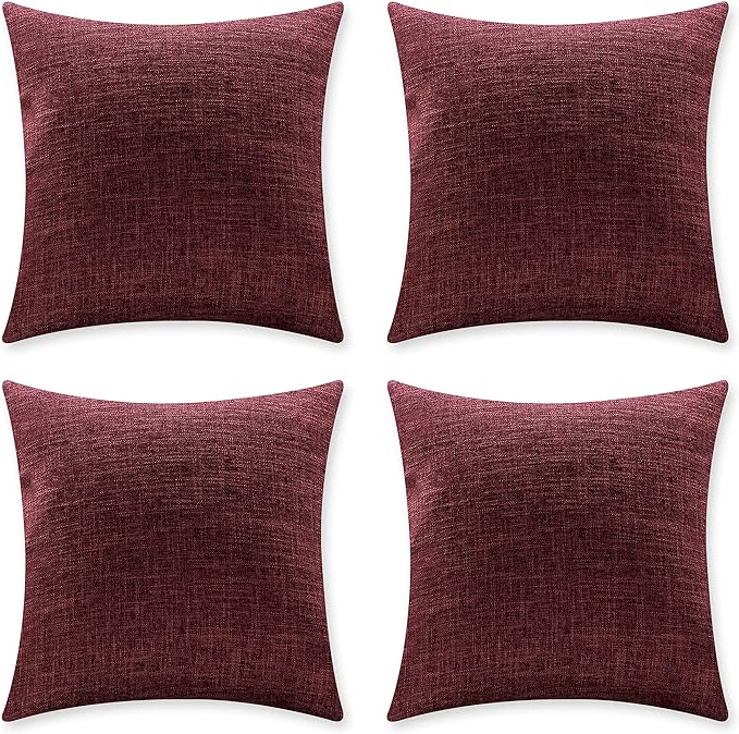 Home Brilliant Decorative Pillow Covers 18 x 18 Set of 4 Wine Red Vintage Lined Linen Throw Pillow Cases Durable Pillow Covers for Sofa Couch and Living Room, 18x18 Inch, Wine Red