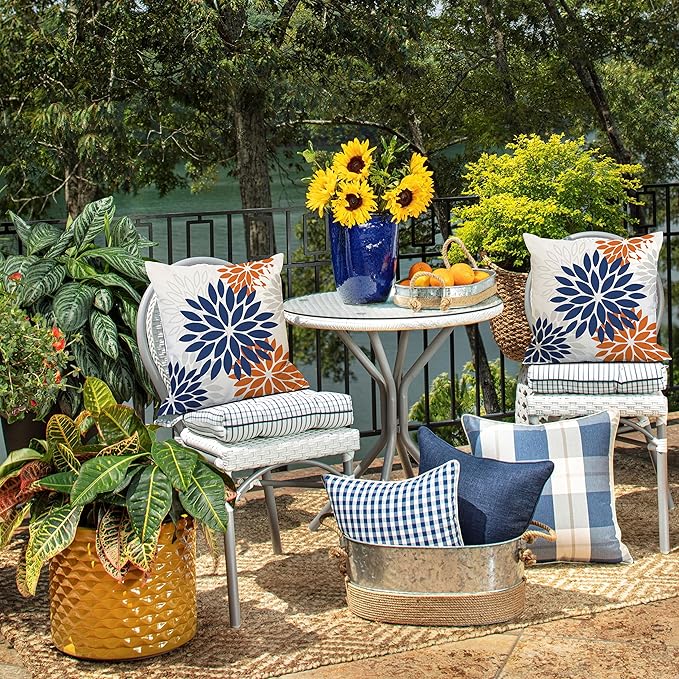 DFXSZ Blue Orange Outdoor Flower Pillow Covers 16x16 Inch Set of 2 White Colored Throw Pillows Outdoor Waterproof Decor for Living Room Sofa Patio Funiture Garden Floral Polyester pillow covers 002C16