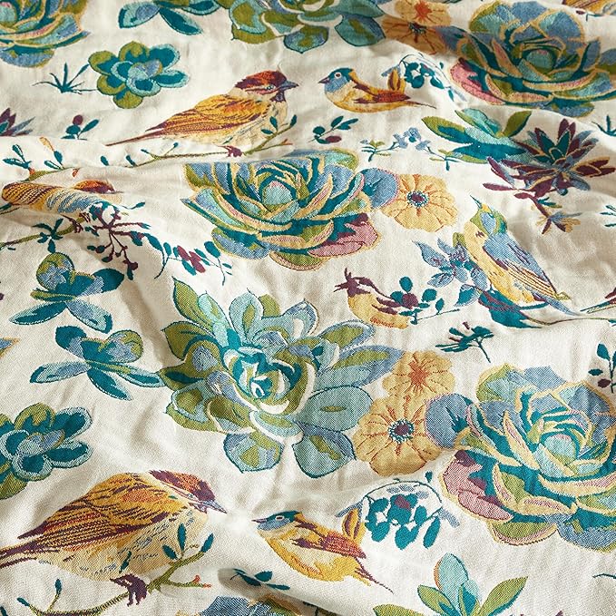 Boho Throw Blanket for Bed 80”x90”, 100% Cotton Woven Blanket for Couch Sofa, Ultra Soft 4-Layer Muslin Quilt with Floral Printed, Farmhouse Bed Blanket/Cover for Living Room Decor