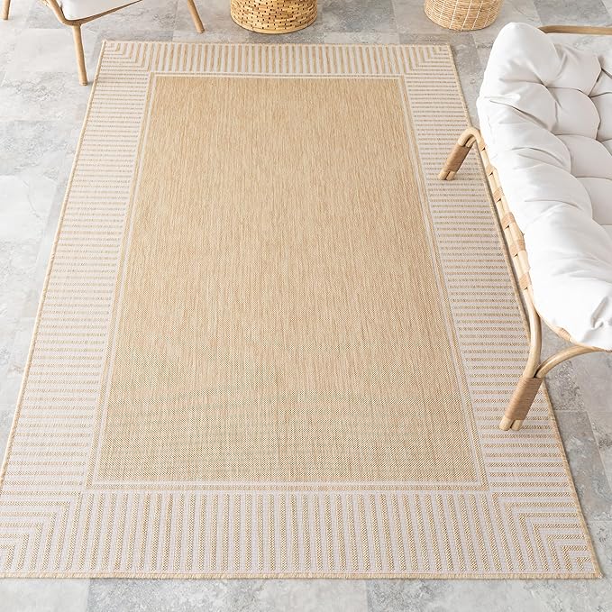 Nuloom Asha Tan/Ivory, 4' x 6', Casual, Striped Border, Soft and Cozy, High Traffic, Stain Resistant, Easy Clean, Durable Area Rug for Indoor/Outdoor Patio, Deck, Porch, Garden, Courtyard