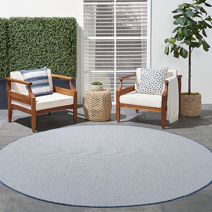 Nourison Home Courtyard Ivory Blue 8' x Round Area Rug - Easy Clean, Non Shedding, Bed Room, Living Room, Dining Room, Kitchen (8' x Round)