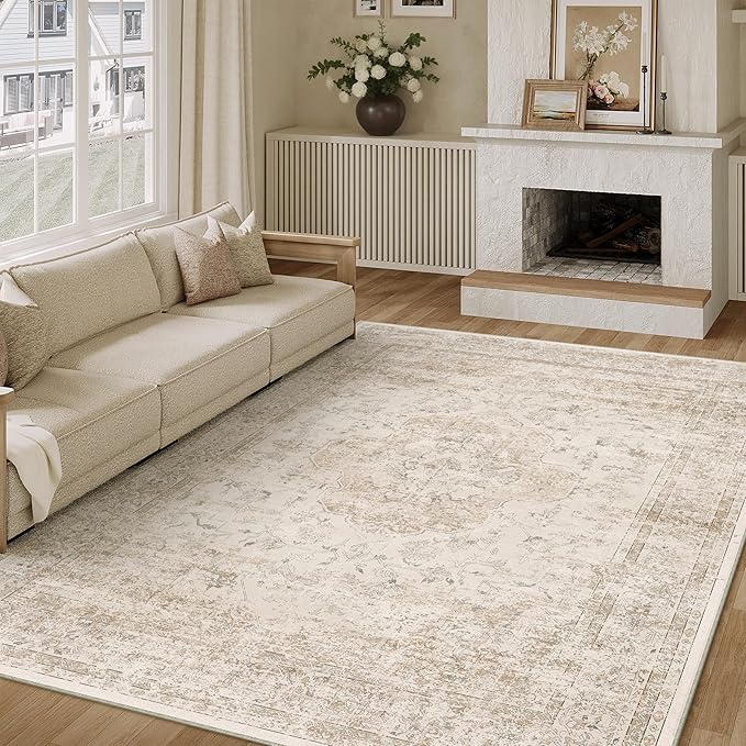 8x10 Washable Area Rug Beige Vintage Distressed Large Rug for Living Room Oriental Soft Thin Indoor Retro Carpet Non Slip Low Pile Floor Cover for Bedroom Dining Room Office Nursery