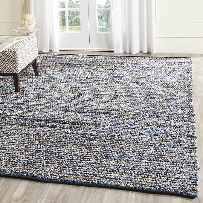 SAFAVIEH Cape Cod Collection Area Rug - 10' Square, Blue & Natural, Handmade Flat Weave Braided Jute & Cotton, Ideal for High Traffic Areas in Living Room, Bedroom (CAP363A)