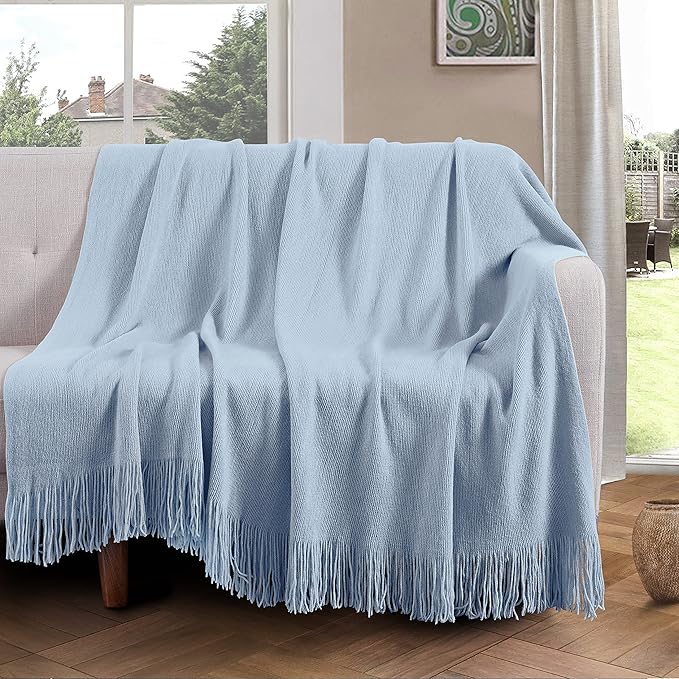 Vonty Light Blue Knitted Blanket with Tassels Fringe 50" x 60", Super Soft Knit Throw Blanket, Farmhouse Decorative Lightweight Blanket for Couch, Bed, Sofa