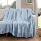 Vonty Light Blue Knitted Blanket with Tassels Fringe 60" x 80", Super Soft Knit Throw Blanket, Farmhouse Decorative Lightweight Blanket for Couch, Sofa, Bed