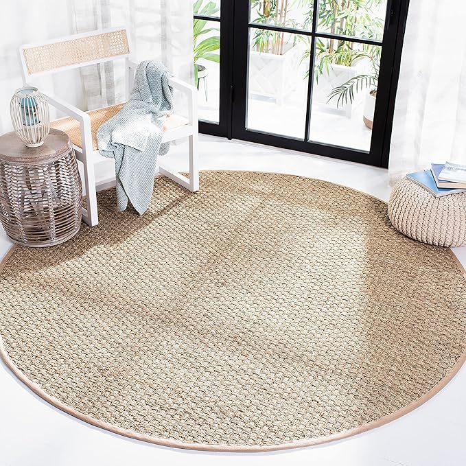SAFAVIEH Area Rug 9' Round - Natural Fiber Collection - Large - Natural & Beige, Seagrass, Basketweave Pattern with Border (NF114A)