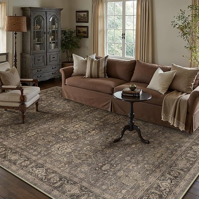 5x7 Washable Area Rug for Living Room Bedroom Vintage Brown Soft Low Pile Carpet Traditional Retro Non Slip Throw Rug for Dining Room Entryway Indoor Dorm Kitchen
