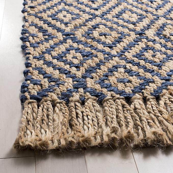 SAFAVIEH Natural Fiber Collection Runner Rug - 2'3" x 6', Tropical Blue & Natural, Handmade Boho Diamond Tassel Jute, Ideal for High Traffic Areas in Living Room, Bedroom (NF266D)