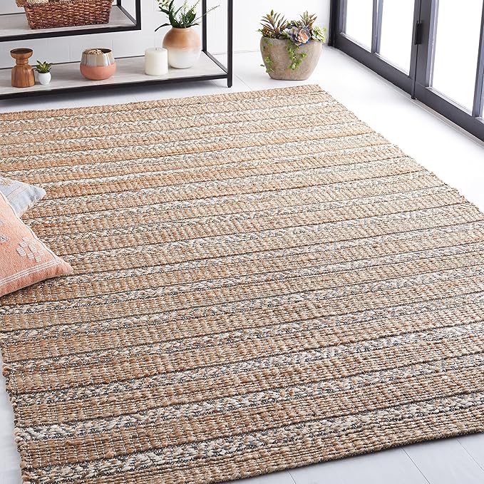 SAFAVIEH Natural Fiber Collection Area Rug - 5' x 8', Olive & Natural, Handmade Flat Weave Stripe Jute & Cotton Jute, Ideal for High Traffic Areas in Living Room, Bedroom (NFB655X)