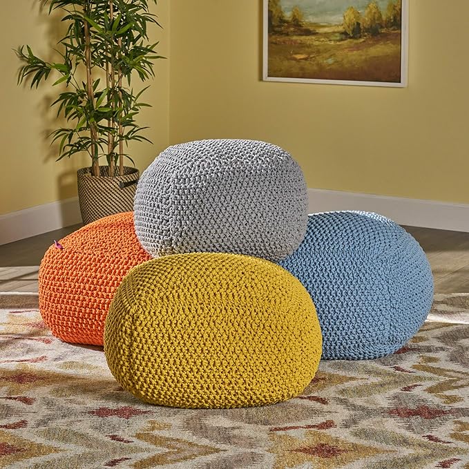 Christopher Knight Home Lucy Knitted Cotton Square Pouf, Orange, Small