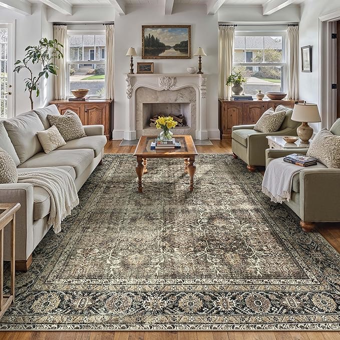 Vintage Area Rug 6x9 Brown Washable Living Room Large Carpet Non Slip Bedroom Indoor Office Low Pile Traditional Distressed Retro Accent Rug for Dining Room Kitchen