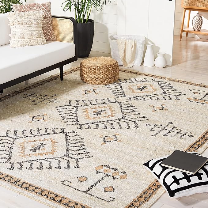 SAFAVIEH Kilim Collection Area Rug - 10' x 14', Ivory & Black, Handmade Flatweave Boho Tribal Jute, Ideal for Living Room, Bedroom, Dining Room (KLM762A-10)