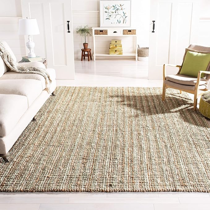 SAFAVIEH Area Rug 6' Square - Natural Fiber Collection - Sage & Natural Brown, Handmade Jute, Farmhouse Style, Chunky Textured Thick Pile (NF447S)