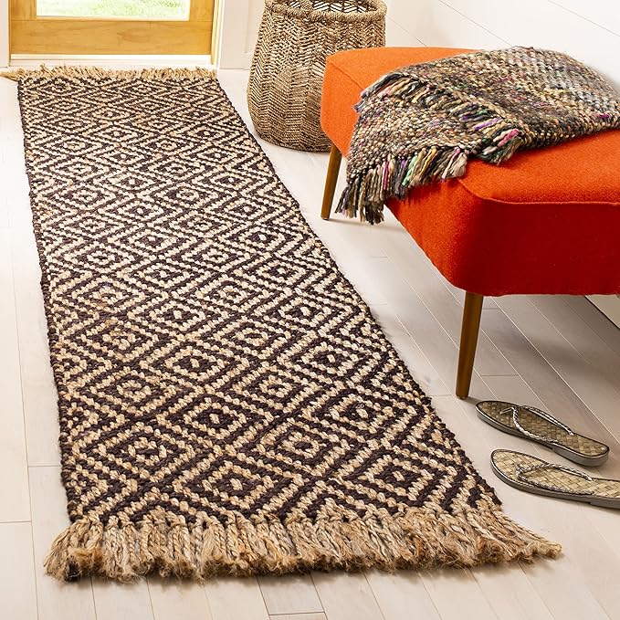 SAFAVIEH Natural Fiber Collection Runner Rug - 2'3" x 8', Brown & Natural, Handmade Boho Diamond Tassel Jute, Ideal for High Traffic Areas in Living Room, Bedroom (NF266E)