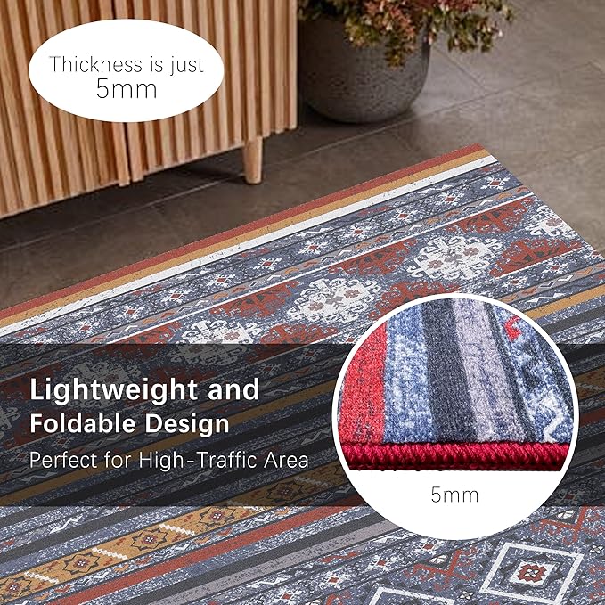 RUGSURE Washable Area Rugs 5' x 7' - 1/6 Thick - Moroccan-Inspired -Stain & Water Resistant Non-Slip - Resistant Rug for Living Room, Bedroom, Nursery, Pet & Child Friendly (Blue and Red)