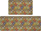 Boho Kitchen Rugs Set 2 Memory Foam Colorful Ceramic Comfort Tile Floor Mat Anti Fatigue Non-Skid PVC Runner Rug Water & Oil Proof Carpet for Kitchen Laundry Sink,17.3x28+17.3x47 Inch, C4
