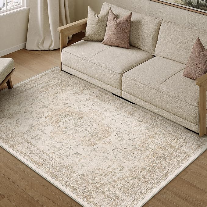 Entryway Area Rug 3x4 Washable Beige Vintage Distressed Carpet Oriental Soft Thin Indoor Mat for Office Non Slip Low Pile Throw Rug for Kitchen Bathroom Bedroom Dining Living Room