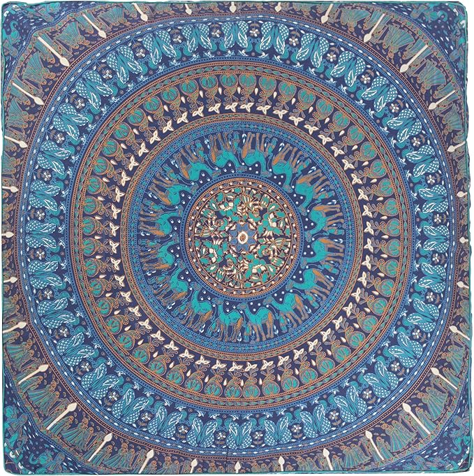 Popular Handicrafts Floor Pillow Cushion Cover - Hippie Mandala Square Ottoman Indian Elephant Camel Daybed Oversized Cotton Cushion Cover with Heavy Duty Zipper - Dog-Pets Bed, 35" Blue Turqouise