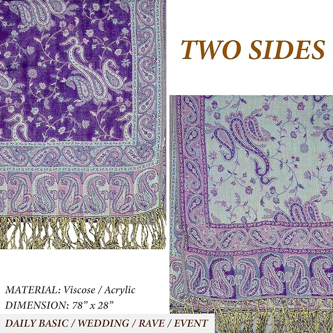 Achillea Reversible Paisley Pashmina Rave Scarf – Exotic Indian Shawls and Wraps for Evening Dresses, Festivals, All Seasons
