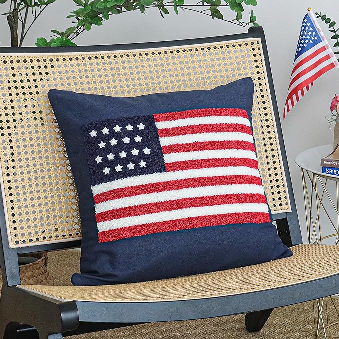 Jonhier 4th of July Throw Pillow Cover, Independence Day Patriotic Throw Pillow Case Tufted American Flag Pattern, Textured Cushion Cases Memorial Day Flag Day Decor for Sofa Bed (Blue, 18” x 18”)
