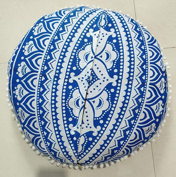 INDIAN CRAFT CASTLE 24" Blue Ombre Mandala Barmeri Large Floor Pillow Cover Cushion Meditation Seating Ottoman Throw Cover Hippie Decorative Zipped Bohemian Pouf Ottoman Pom Pom Cases 24" Round