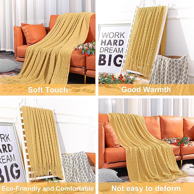 NTBAY Acrylic Knitted Throw Blanket, Lightweight and Soft Cozy Decorative Woven Blanket with Tassels for Travel, Couch, Bed, Sofa, 51x67 Inches, Mustard Yellow Checkered