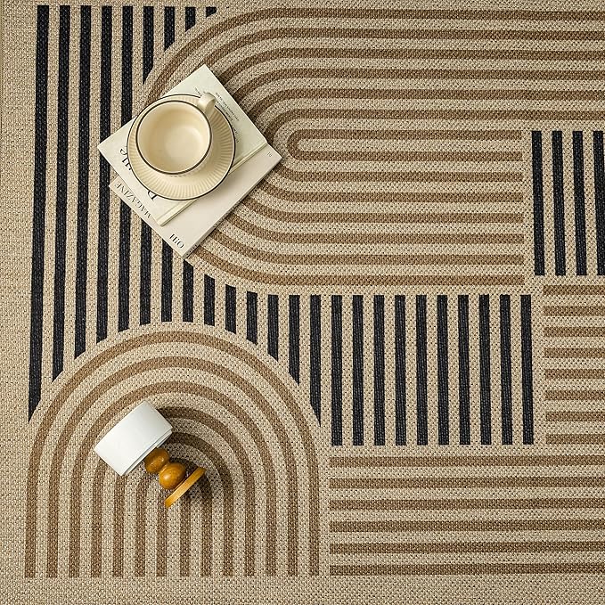 8x10 Modern Geometric Easy Jute Area Rug for Living Room Large Washable Indoor Outdoor Carpet Farmhouse Patio Office Mat Geometric Line Non Slip Black Carpet for Backyard Dining Room