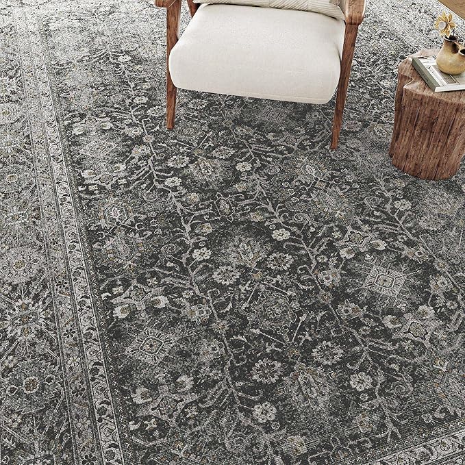 Black Runner Rug 2'6"x8' Vintage Area Carpet Hallway Long Indoor Kitchen Washable Living Room Low Pile Traditional Distressed Retro Accent Rug Non Slip Laundry Bathroom Office Dining Room