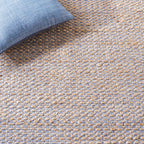 SAFAVIEH Natural Fiber Collection Area Rug - 6' Square, Natural & Blue, Handmade Farmhouse Boho Coastal Rustic Jute, Ideal for High Traffic Areas in Living Room, Bedroom (NF874M)